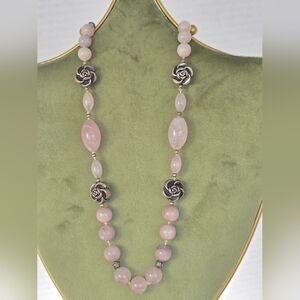 Estate Rose Quartz and Silver Rose Necklace